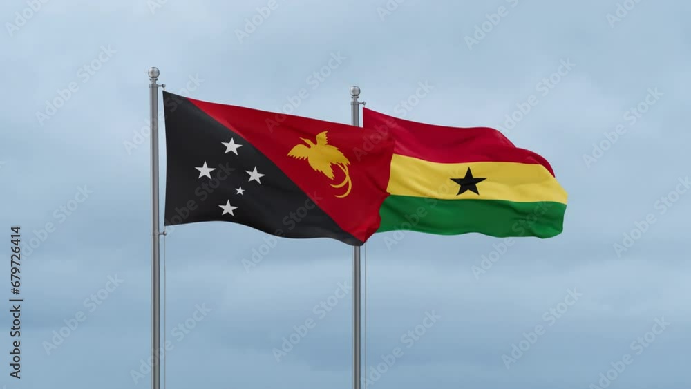Ghana flag and Papua New Guinea flag waving together on cloudy sky, endless seamless loop, two country relations concept Ghana flag and Papua New Guinea flag waving together on cloudy sky, endless seamless loop, two country relations concept