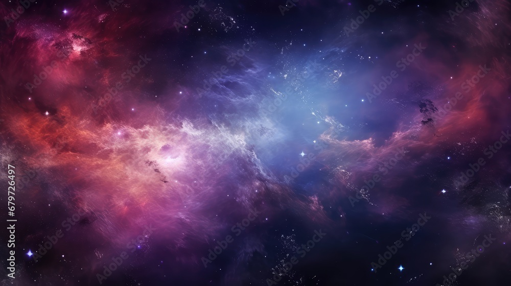 Space with countless stars, pink, red, blue and purple nebulae, galaxies, abstract cosmic background