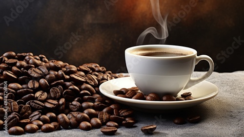 white cup with black coffee and roasted beans on stone background