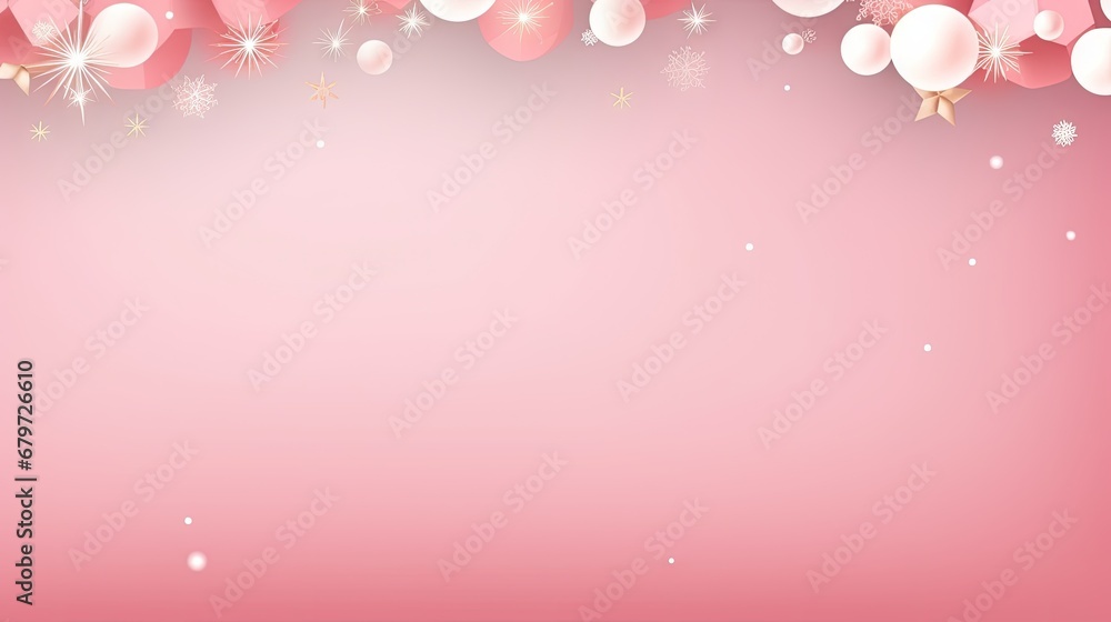  a pink and white background with balloons and snowflakes on the bottom of the image and stars on the bottom of the image.