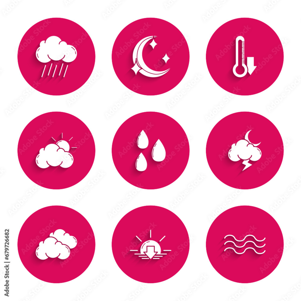 Set Water drop, Sunset, Waves, Storm, Cloud, and cloud weather, Thermometer and with rain icon. Vector Set Water drop, Sunset, Waves, Storm, Cloud, and cloud weather, Thermometer and with rain icon. Vector