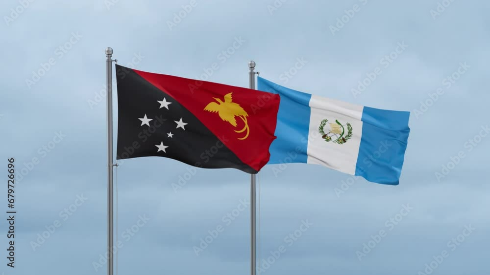 Guatemala flag and Papua New Guinea flag waving together on cloudy sky, endless seamless loop, two country relations concept Guatemala flag and Papua New Guinea flag waving together on cloudy sky, endless seamless loop, two country relations concept