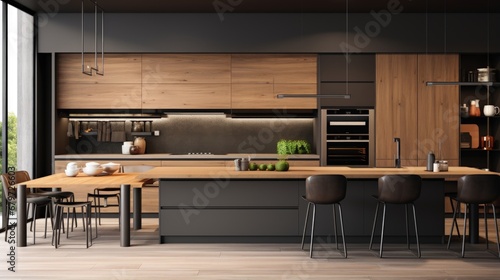 A modern spacious kitchen with a free-standing kitchen island. Wooden fronts of kitchen cabinets and counter tops are combined with black elements. 3D illustration.