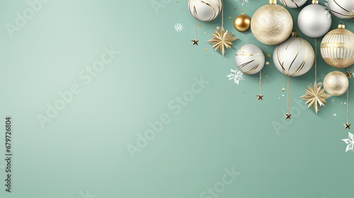  a green christmas background with white and gold baubles and snowflakes hanging from the top of the baubles.