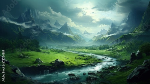 Green Fantasy Landscape Art Backgrounds. Digital art and Watercolor.