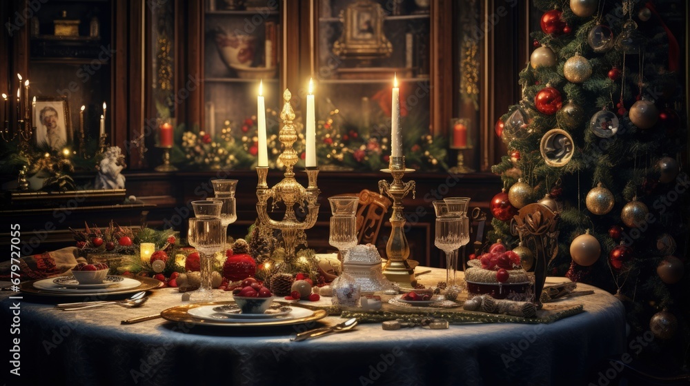 beautifully decorated Christmas table with candles and glasses near the Christmas tree