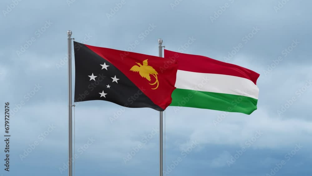 Hungary flag and Papua New Guinea flag waving together on cloudy sky, endless seamless loop, two country relations concept Hungary flag and Papua New Guinea flag waving together on cloudy sky, endless seamless loop, two country relations concept