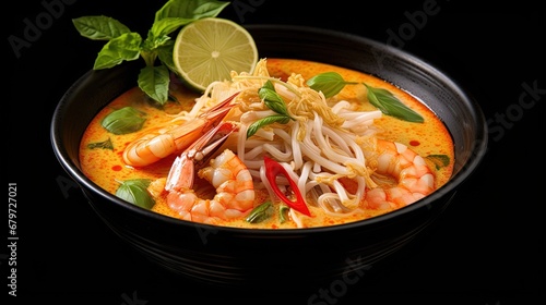 Laksa Shrimp Soup. Prawn noodle laksa soup on black background, top view, copy space. Asian Malaysian food.