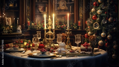 beautifully decorated Christmas table with candles and glasses near the Christmas tree © HN Works