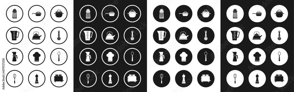 Set Cooking pot, Kettle with handle, Measuring cup, Salt, Pizza knife, Frying pan, Spoon and icon. Vector Set Cooking pot, Kettle with handle, Measuring cup, Salt, Pizza knife, Frying pan, Spoon and icon. Vector