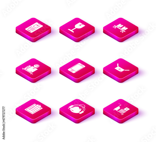 Set Verification of delivery list clipboard, Mobile phone app tracking, Electric hand truck and boxes, Cardboard traffic symbol, Railway carriage and Fragile broken glass icon. Vector