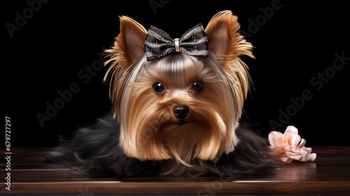 a Yorkshire terrier dog with a short haircut and a beige bow on his head lies on a black grooming table. pet grooming. front view © HN Works