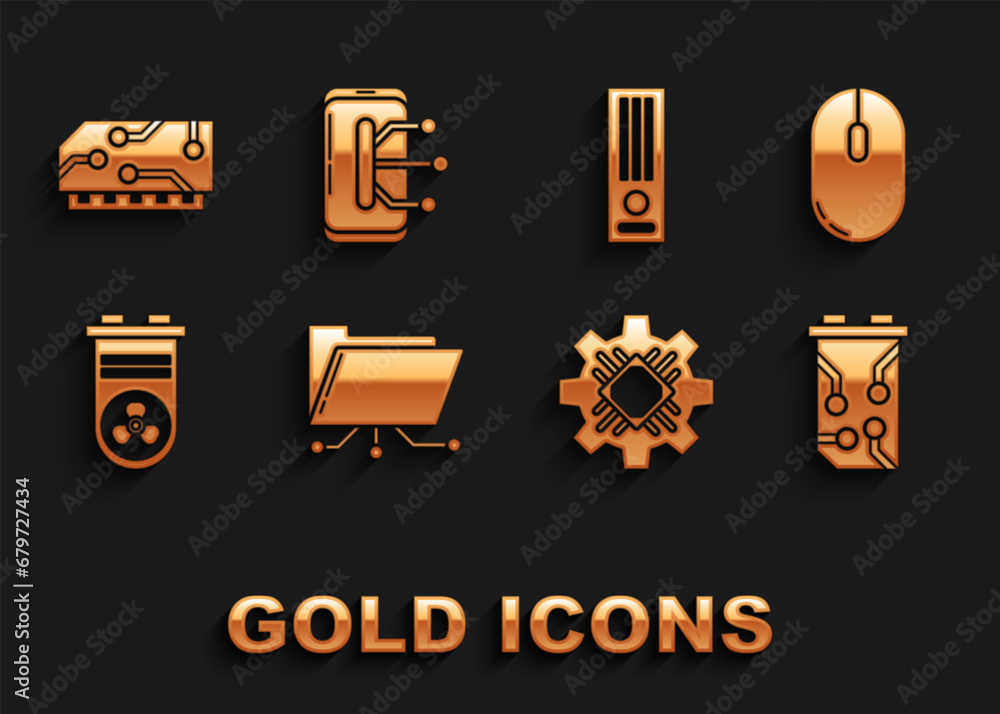 Set Folder and lock, Computer mouse, Video graphic card, Processor, game console, RAM, random access memory and Smartphone, mobile phone icon. Vector Set Folder and lock, Computer mouse, Video graphic card, Processor, game console, RAM, random access memory and Smartphone, mobile phone icon. Vector