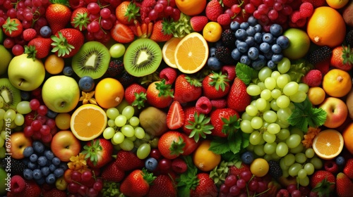 Healthy food background. Collection with color fruits, berries and vegetables