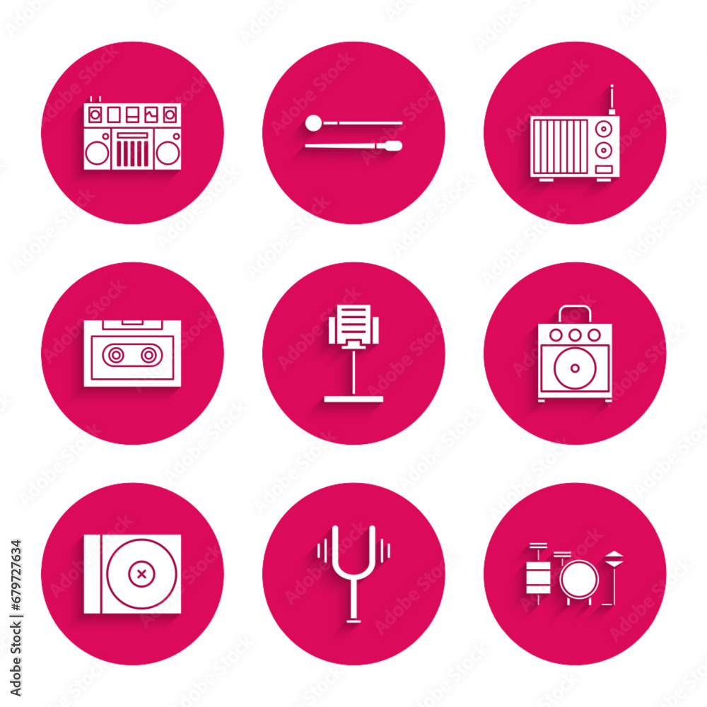 Set Music stand, Musical tuning fork, Drums, Guitar amplifier, CD DVD disk, Retro audio cassette tape, Radio with antenna and DJ remote playing mixing music icon. Vector Set Music stand, Musical tuning fork, Drums, Guitar amplifier, CD DVD disk, Retro audio cassette tape, Radio with antenna and DJ remote playing mixing music icon. Vector