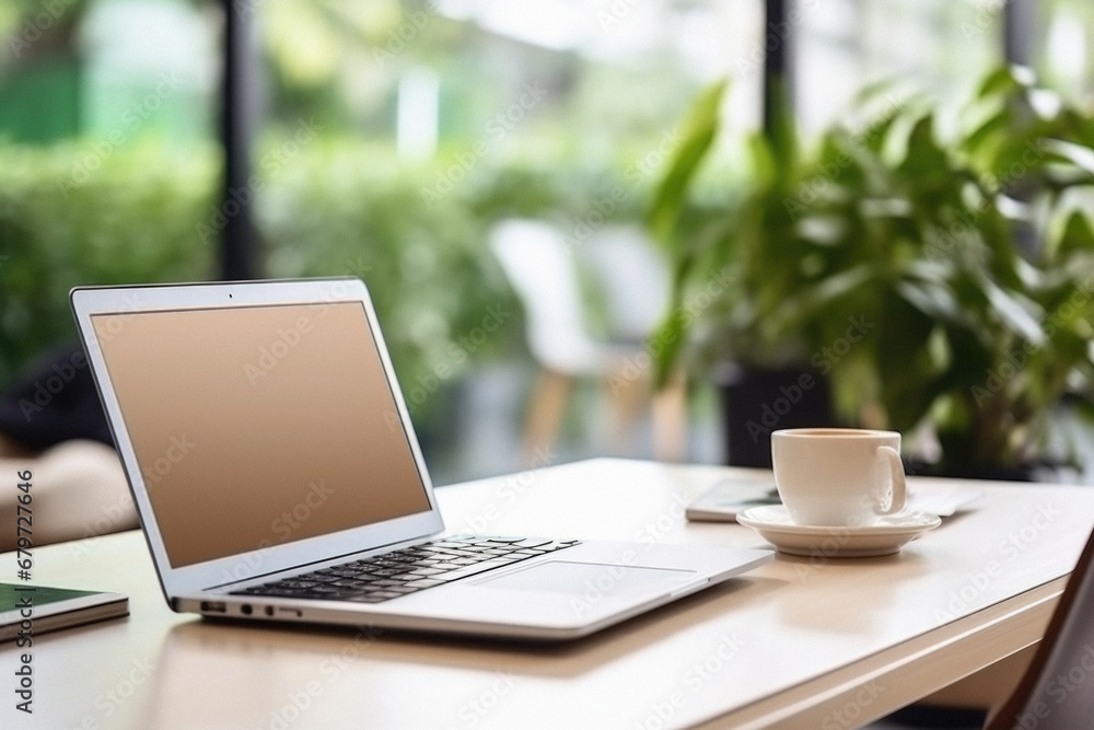 Laptop with blank screen on wooden table in coffee shop, stock photo. Laptop with blank screen on wooden table in coffee shop, stock photo.