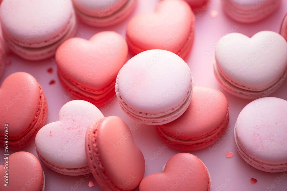 Fototapeta premium Valentine's Day sweets. Pink macaroons heart shaped
