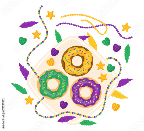 King Cake. Festive Donuts with colorful icing, beaded necklaces, feathers on plate. Mardi Gras carnival. Holiday Fat Tuesday. Vector illustration in cartoon style.