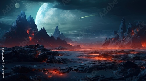 Fantasy landscape of an alien world filled with mountain ranges and strange looking rocks, space background for pc, desktop digital wallpaper, worlds exploration, planet wallpaper, 3d illustration