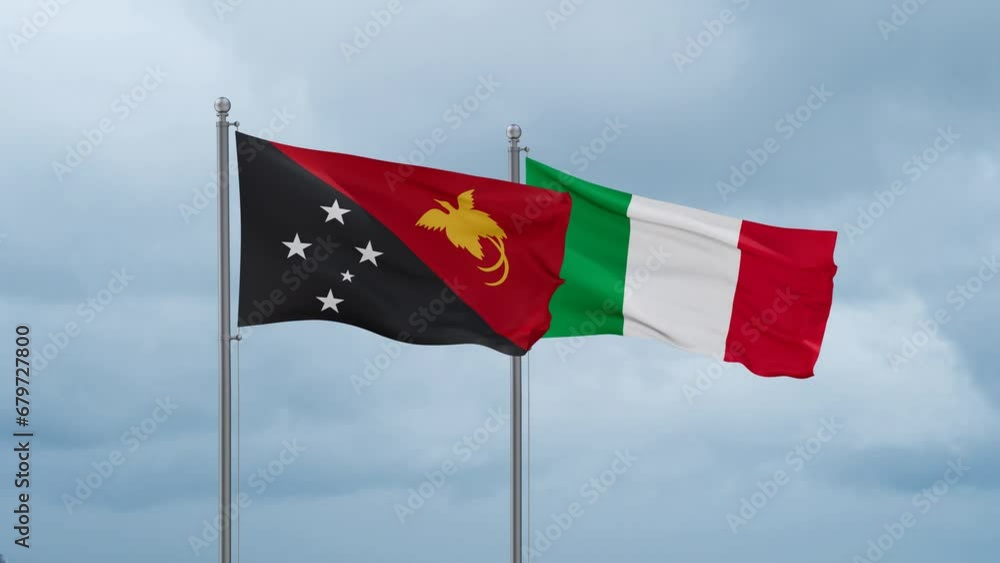 Italy and Papua New Guinea flag waving together on cloudy sky, endless seamless loop, two country cooperation concept Italy and Papua New Guinea flag waving together on cloudy sky, endless seamless loop, two country cooperation concept