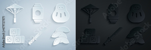 Set Traditional Japanese katana, Maneki neko cat, Sushi, Chinese fortune cookie, paper lantern and umbrella from the sun icon. Vector