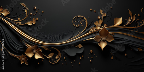 Blumen als Hintergrundmotiv in Gold und schwarz für Webdesign im Querformat für Banner, ai generativ photo