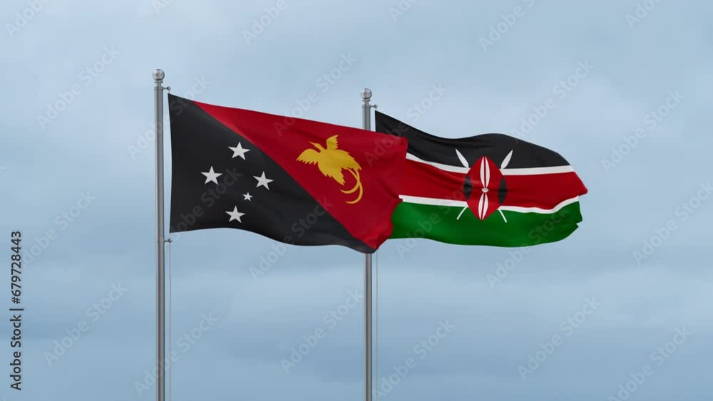Kenya flag and Papua New Guinea flag waving together on cloudy sky, endless seamless loop, two country relations concept Kenya flag and Papua New Guinea flag waving together on cloudy sky, endless seamless loop, two country relations concept