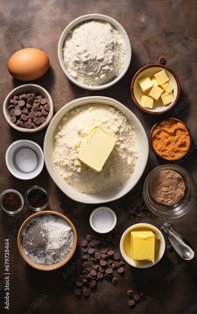 The ingredients for baking the biscuits are spread out on the table with flour, eggs and chocolate shavings The ingredients for baking the biscuits are spread out on the table with flour, eggs and chocolate shavings