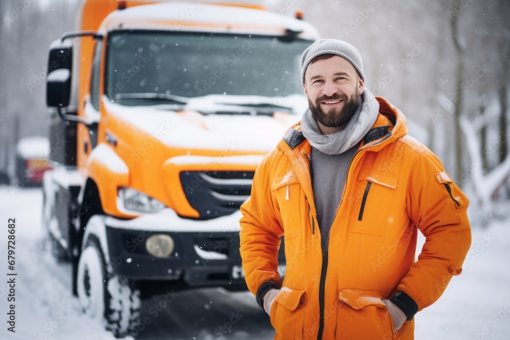 Portrait of a smiling man in a warm jacket and hat standing near a snow covered truck on a winter day