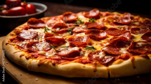 A close-up of a pepperoni and sausage pizza, highlighting the richness of its toppings.