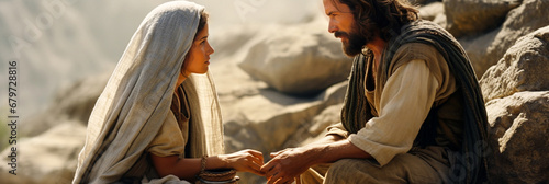 jesus' conversation with the samaritan woman at the well. AI generativ. photo