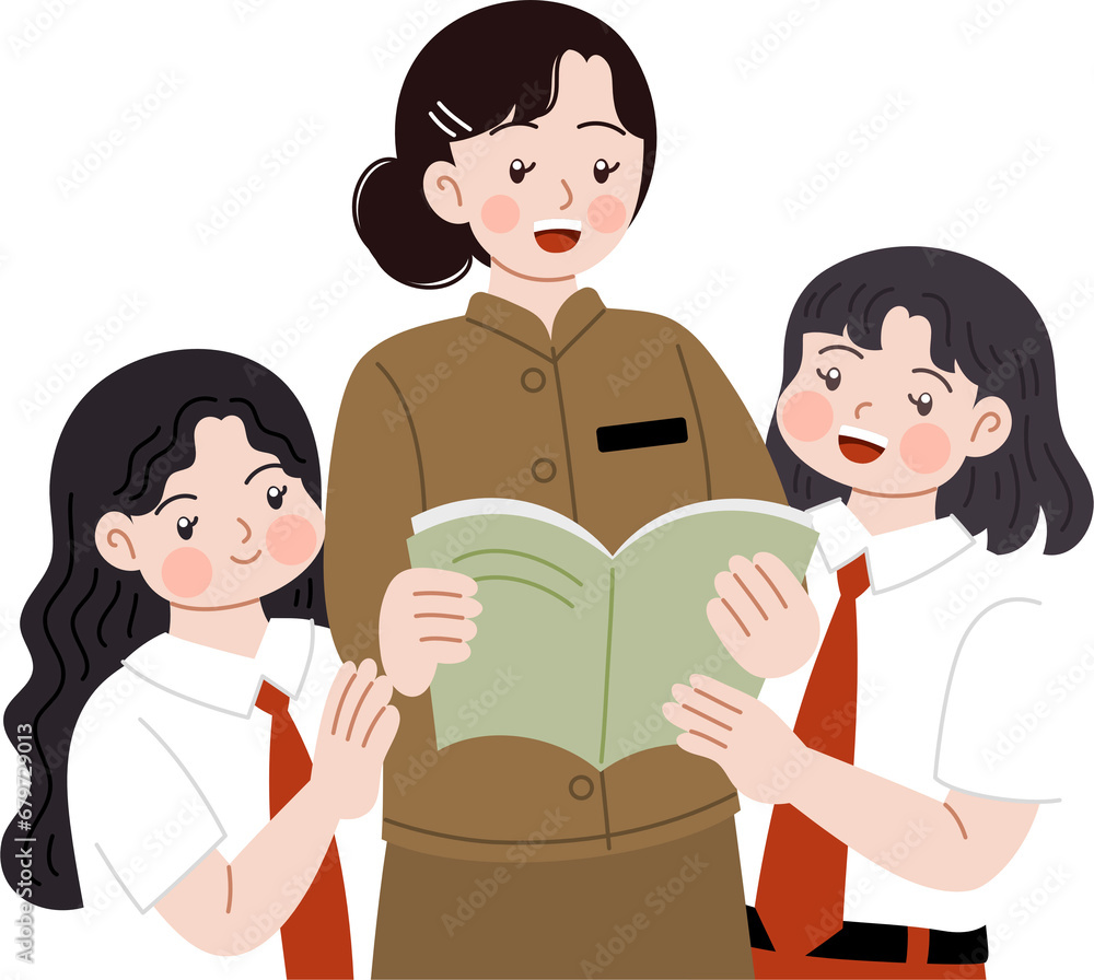Fototapeta premium Indonesian students reading book with teacher