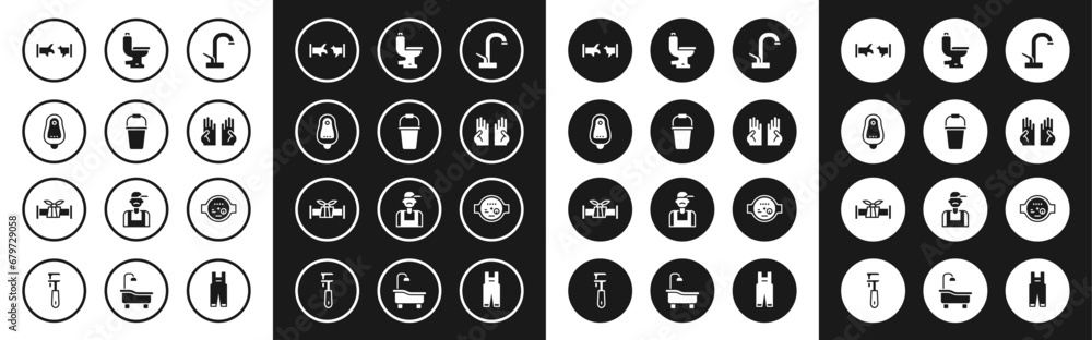 Set Water tap, Bucket, Toilet urinal or pissoir, Broken pipe, Rubber gloves, bowl, meter and Industry metallic icon. Vector