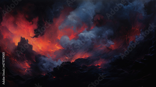 Layers of dark, intense hues converging to form an abstract representation of formidable mass.