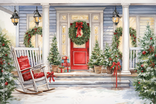 A detailed drawing of a festively decorated front porch with a rocking chair  wreaths  and holiday greenery  creating a welcoming and nostalgic Christmas scene.