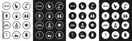 Set Water tap, Bucket, Toilet urinal or pissoir, Broken pipe, Rubber gloves, bowl, meter and Industry metallic icon. Vector
