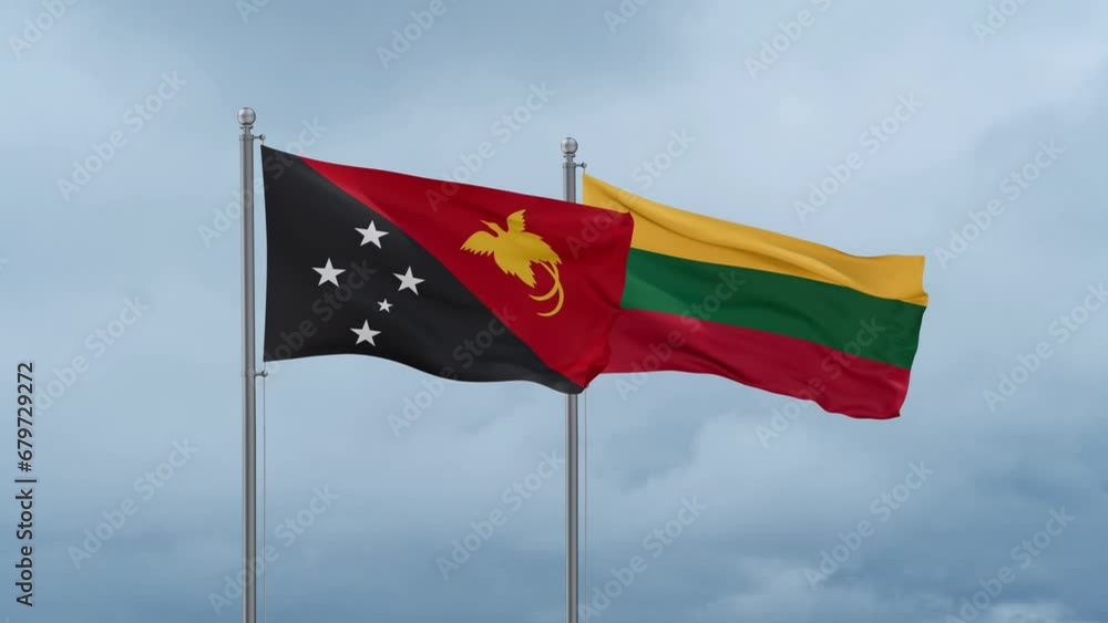 Lithuania flag and Papua New Guinea flag waving together on cloudy sky, endless seamless loop, two country relations concept Lithuania flag and Papua New Guinea flag waving together on cloudy sky, endless seamless loop, two country relations concept