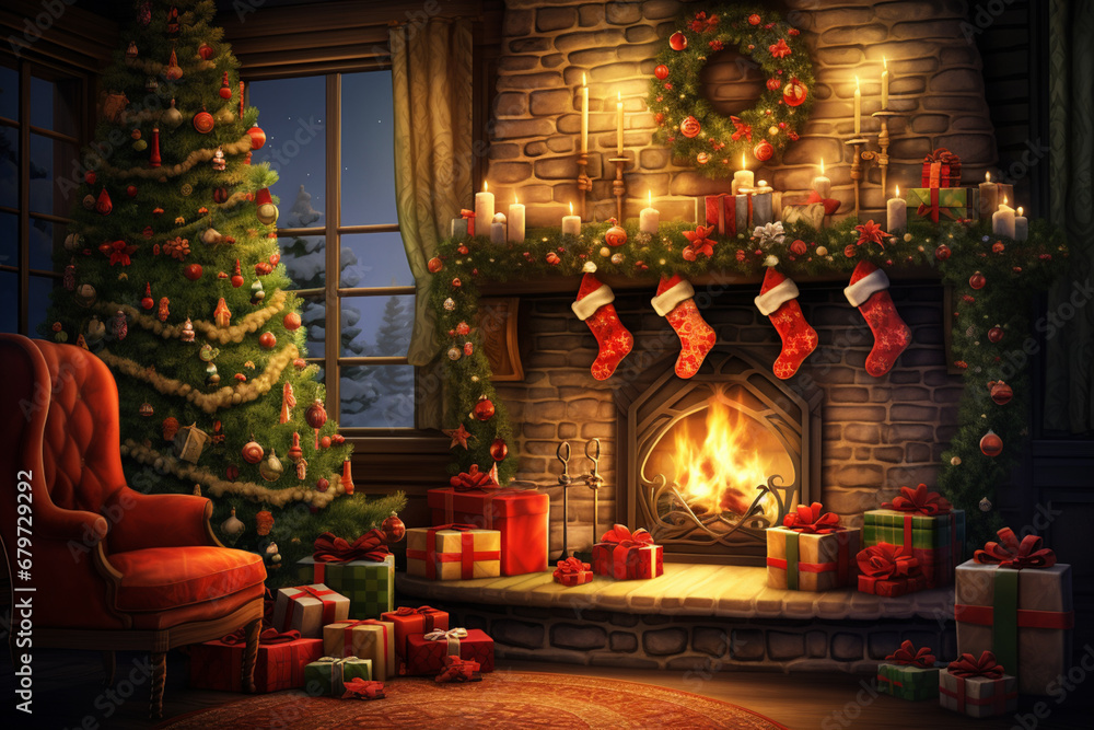 A cozy fireplace adorned with stockings, surrounded by wrapped presents and a Christmas tree, capturing the warmth and anticipation of the holiday season.
