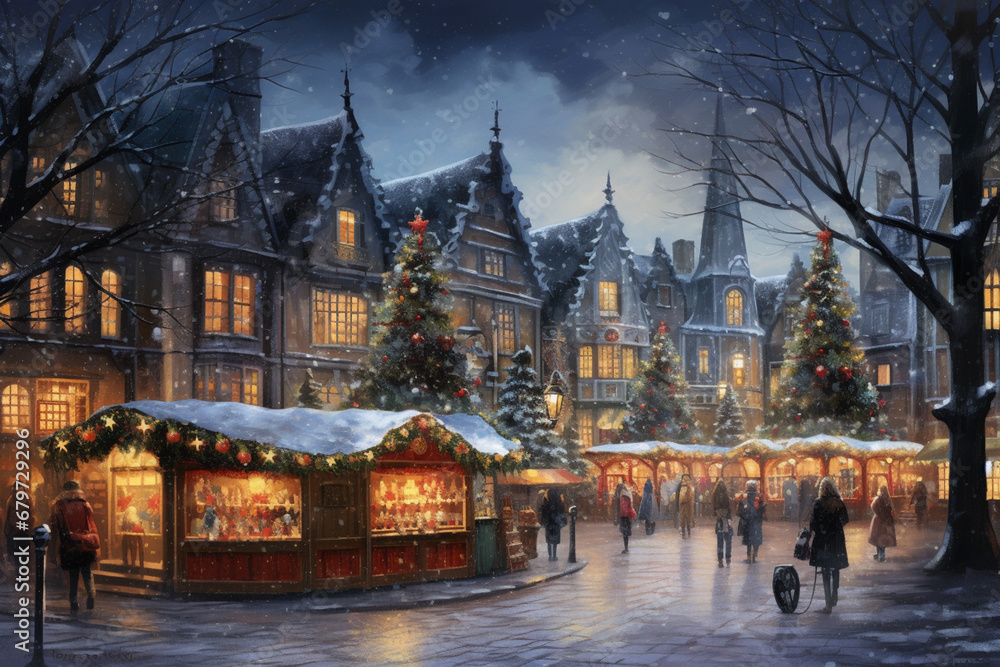 A detailed drawing of a Christmas market with stalls selling festive crafts, ornaments, and holiday treats, showcasing the spirit of community and celebration.