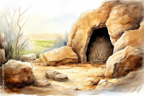 An illustration of an empty tomb with the stone rolled away, symbolizing the resurrection on Easter morning.