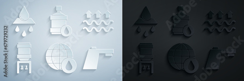 Set Earth planet in water drop, Waves of and evaporation, Water cooler, tap, Big bottle with clean and Recycle aqua icon. Vector