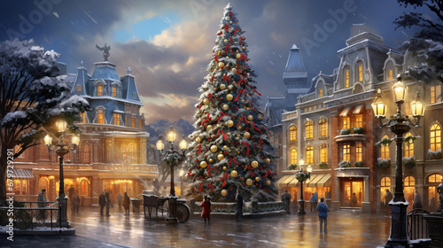 A charming depiction of a town square decorated with Christmas lights, ornaments, and a towering tree, radiating the joy of the holiday season.