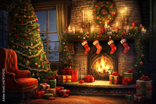 A cozy fireplace adorned with stockings, surrounded by wrapped presents and a Christmas tree, capturing the warmth and anticipation of the holiday season. © Oleksandr