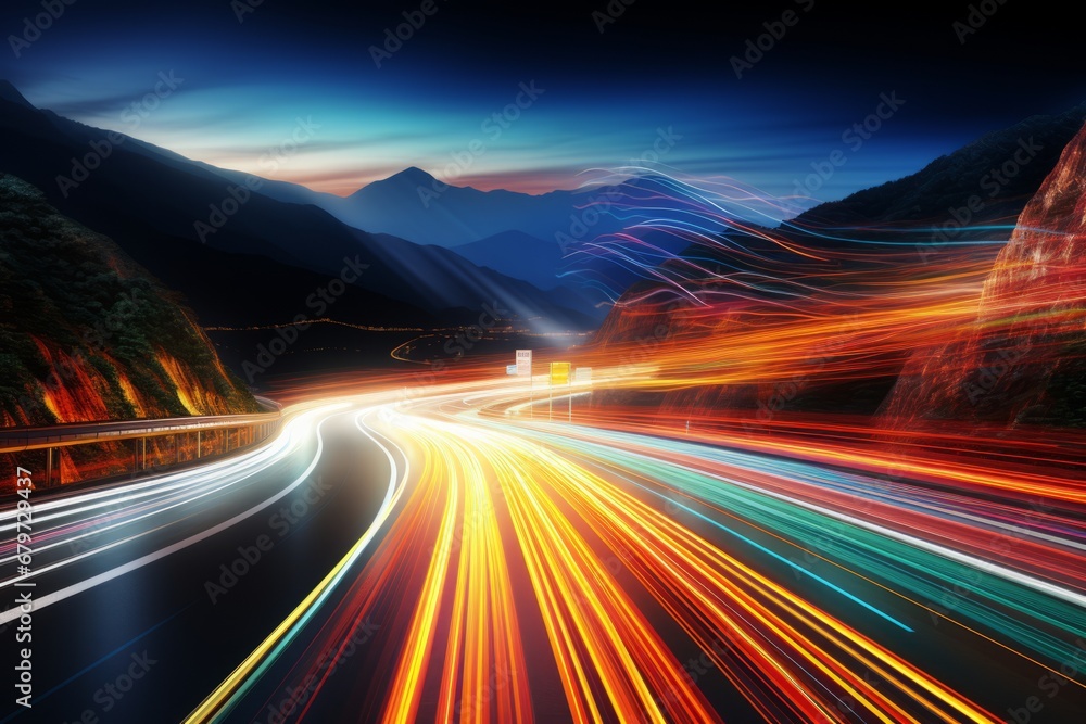 Mesmerizing nighttime traffic trails on a bustling highway under a star studded night sky Mesmerizing nighttime traffic trails on a bustling highway under a star studded night sky