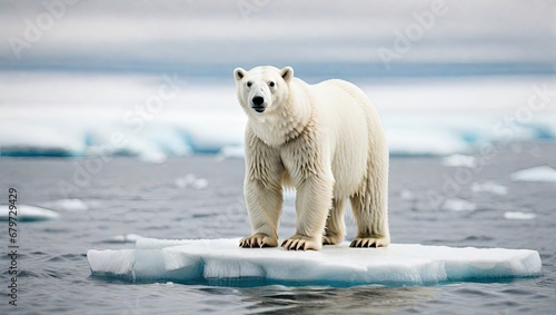 Climate change concept with polar bear standing on small iceberg in the middle of the ocean. Generated with AI