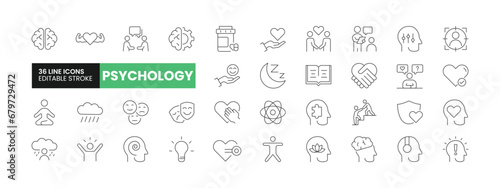Set of 36 Psychology line icons set. Psychology outline icons with editable stroke collection. Includes Anxiety, Happiness, Empathy, Pills, Consultant, and More.