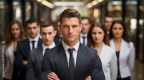 Group of business people standing in a row and looking at the camera