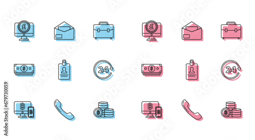 Set line Computer monitor with mobile phone and bitcoin, pound sterling symbol, Cryptocurrency Bitcoin, Identification badge, Clock 24 hours, Stacks paper money cash and Envelope icon. Vector