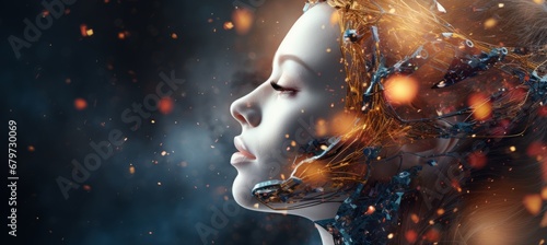 Female robot face on abstract digital particles background with shining stars ai concept