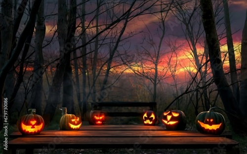 A spooky forest sunset with a haunted evil glowing eyes of Jack O' Lanterns on a scary halloween night.